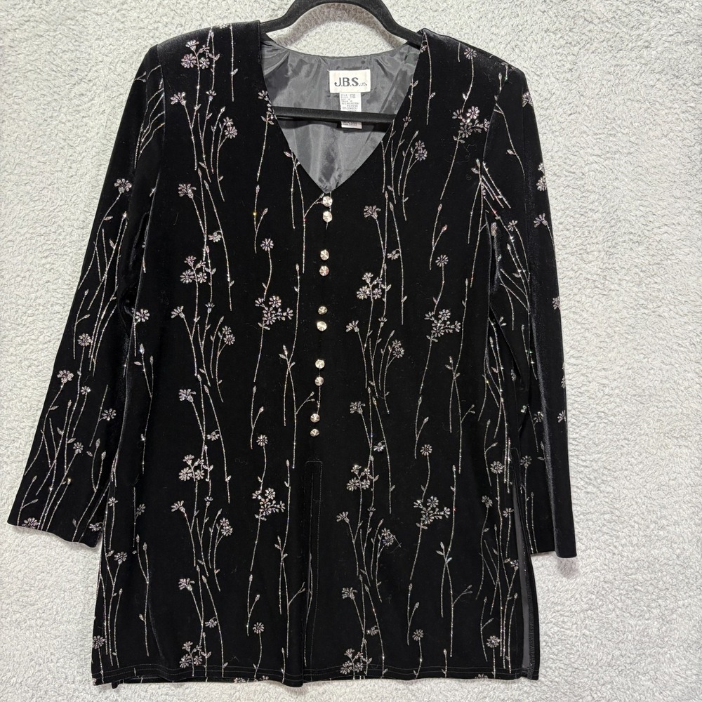 J.B.S. LTD Tunic Black Velvet Silver Floral Sparkle Glitz Size 12 Pullover 90s